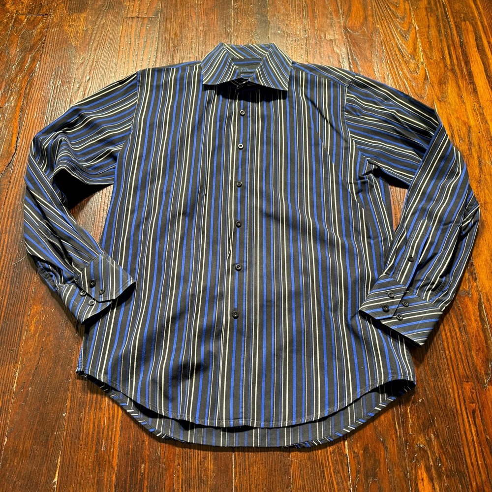 7 Diamonds Button‎ Up Mens L Blue Black Striped Long Sleeve Cotton Shirt